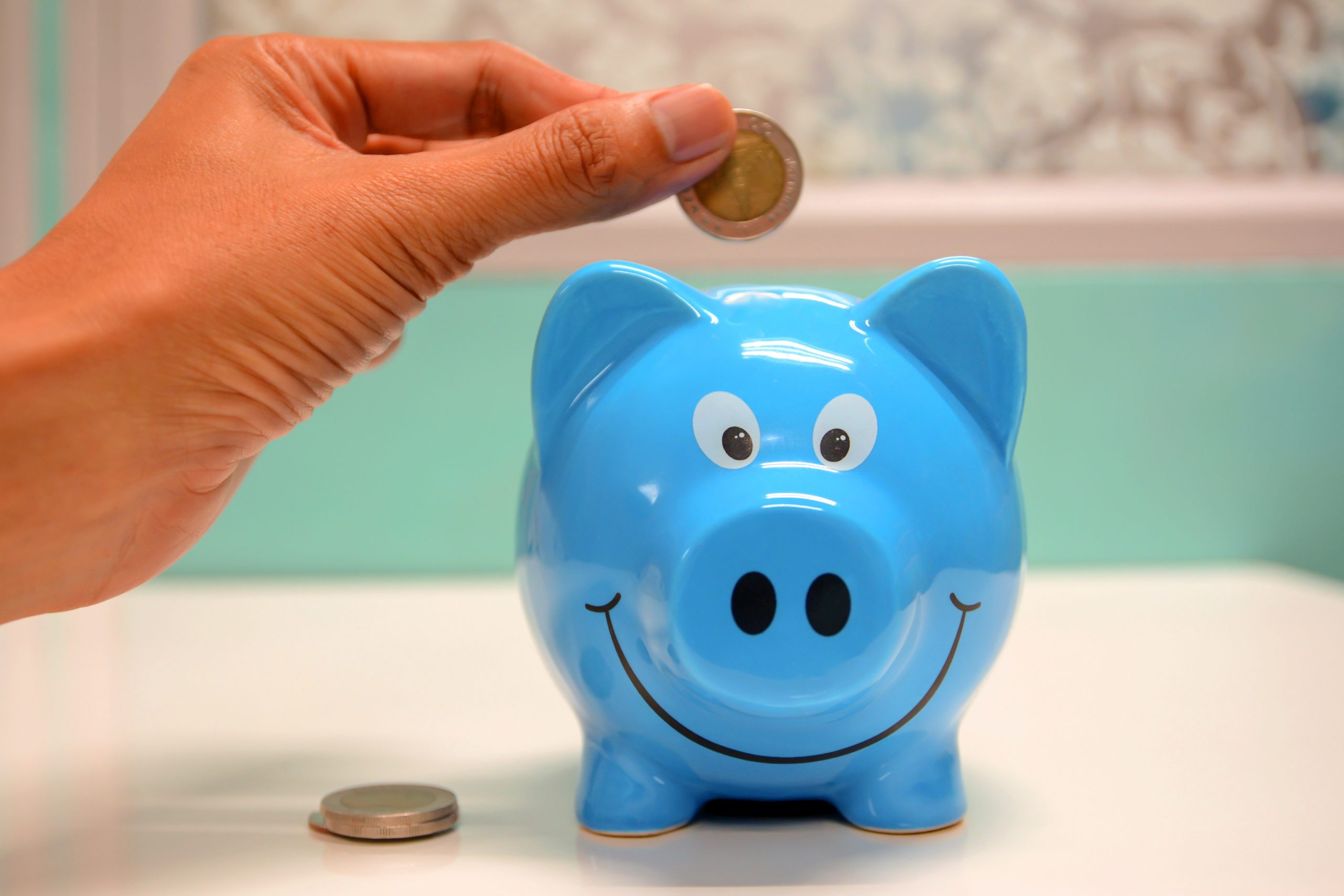 person putting a coin into a piggy bank